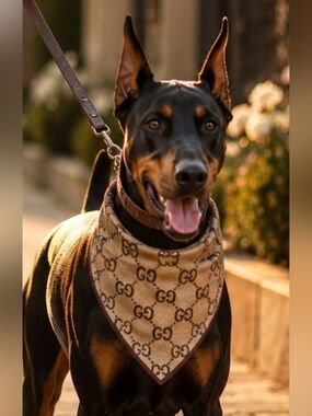 Hand Crafted Fashion Style Beige Dog Bandana with GG Pattern